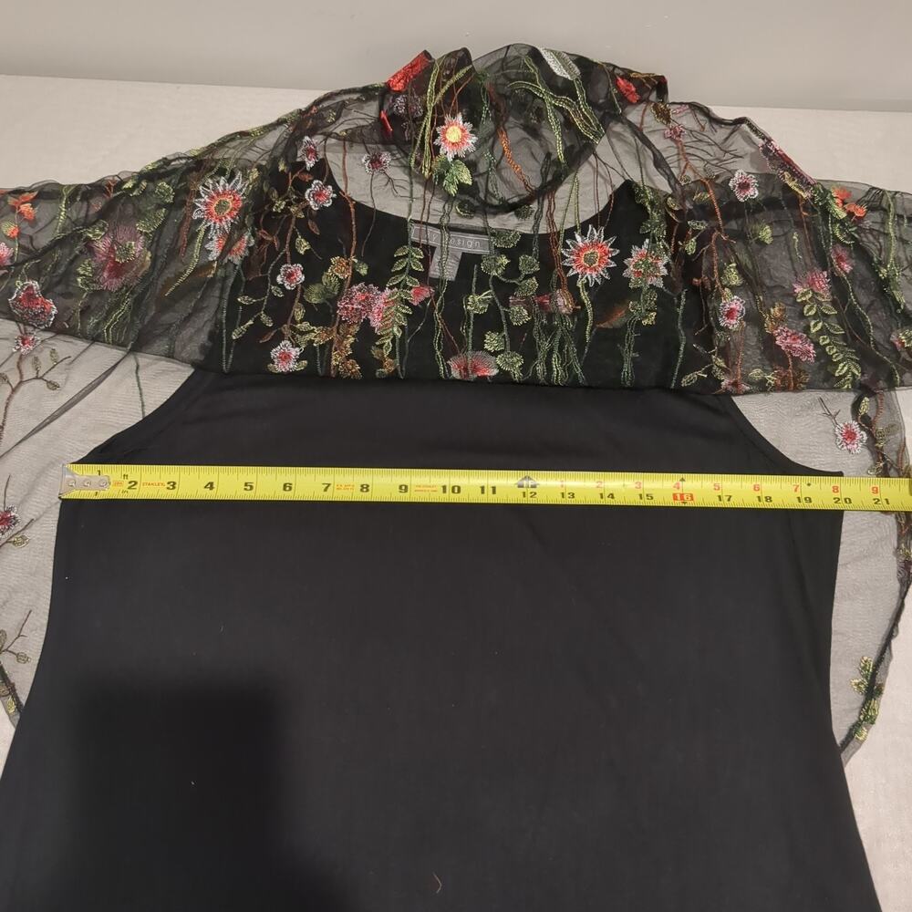 Women's Black Embroidered Sheer Mesh Top Floral Overlay Dark Fairy Boho Flowy - Picture 10 of 12